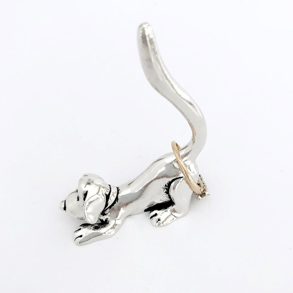 Dog Stretching Ring Holder with ring in silver on white background