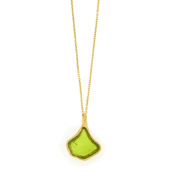 A gold-colored chain necklace with a green cast glass ginkgo leaf pendant.