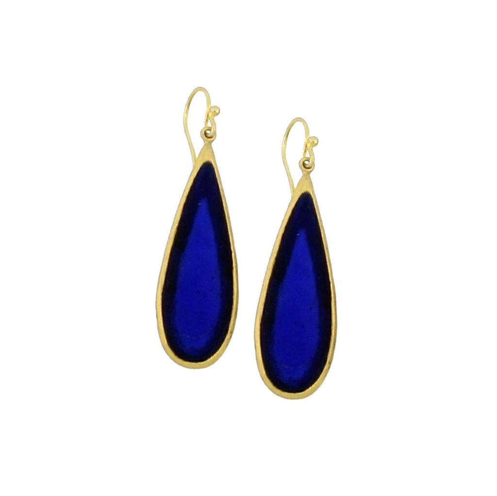 A pair of long tear drop earrings with blue charms and gold-plated hooks.