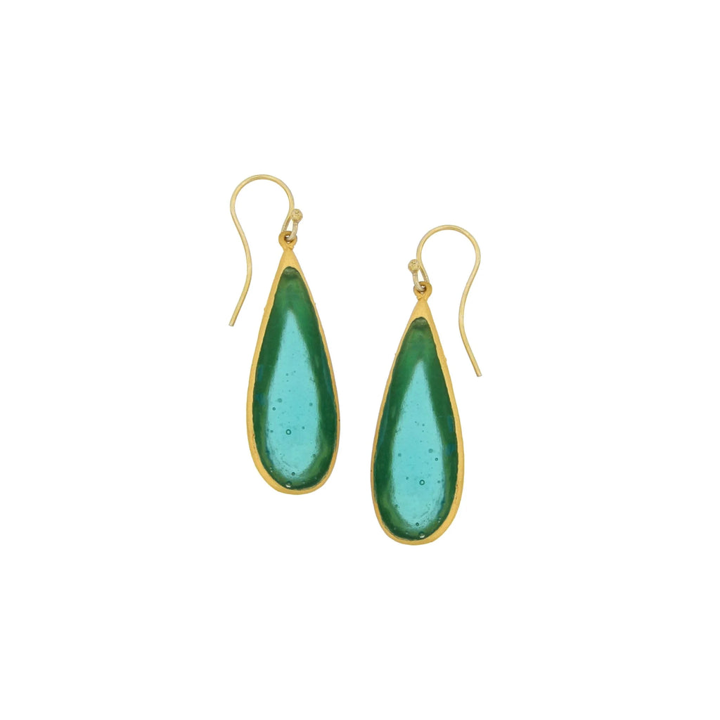 A pair of long tear drop earrings with teal blue glass charms and gold-plated hooks.