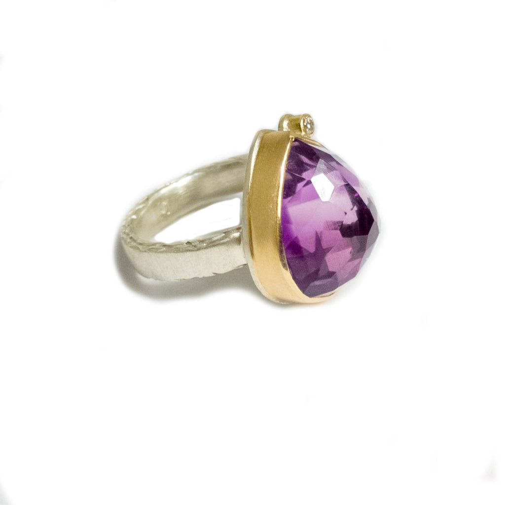 Lotus Cut Amethyst with Diamond Ring side facing