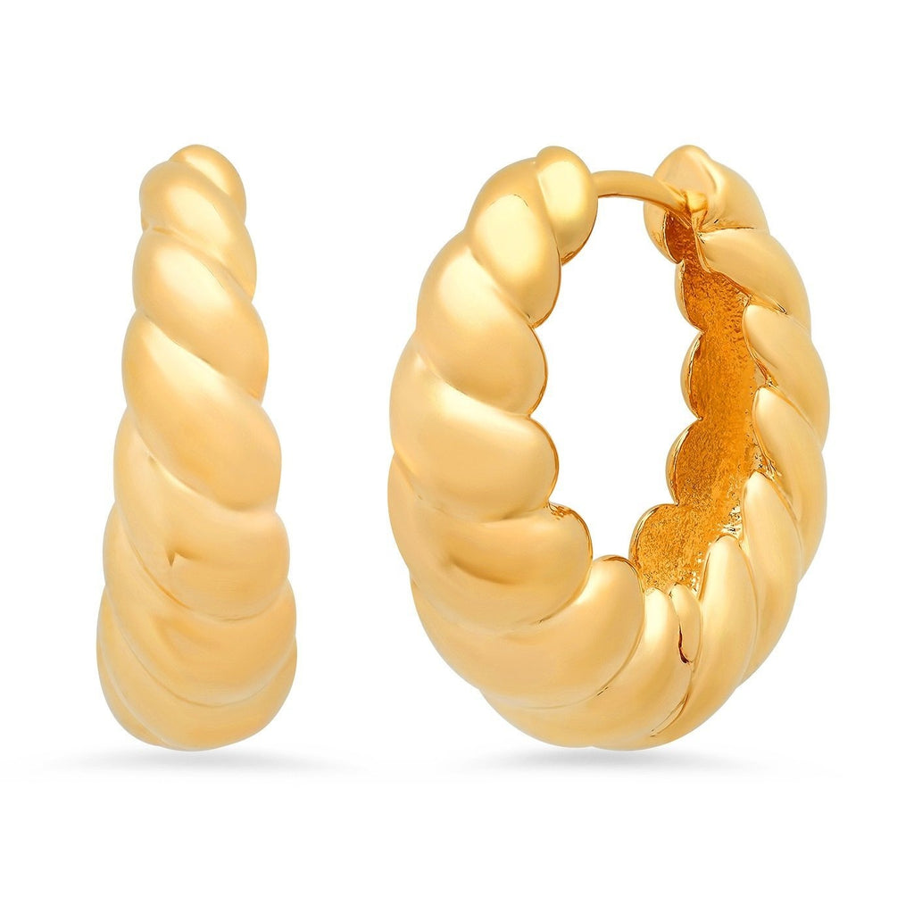 gold hoop earrings with twist design narrower on top and wider at bottom