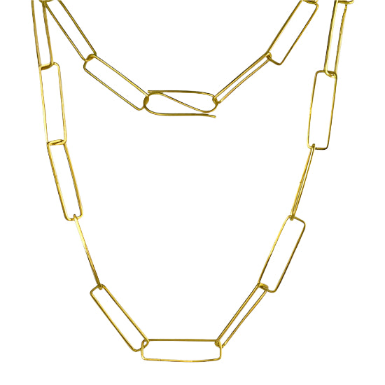 A gold-plated rectangular link chain necklace with a clasp closure.