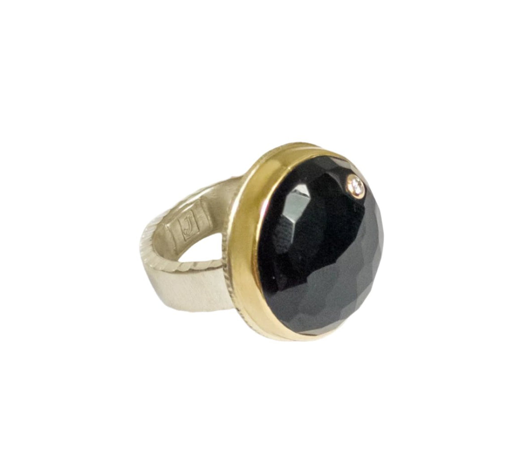 Round Faceted Black Onyx with Diamond Ring side facing