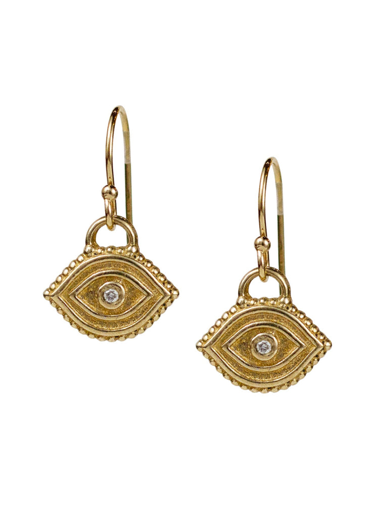 A pair of yellow bronze earrings with white diamond charms and intricate details, from the 'one love' collection.