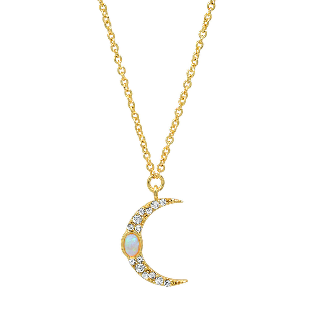 Cresent moon pendant with stones on a gold necklace chain
