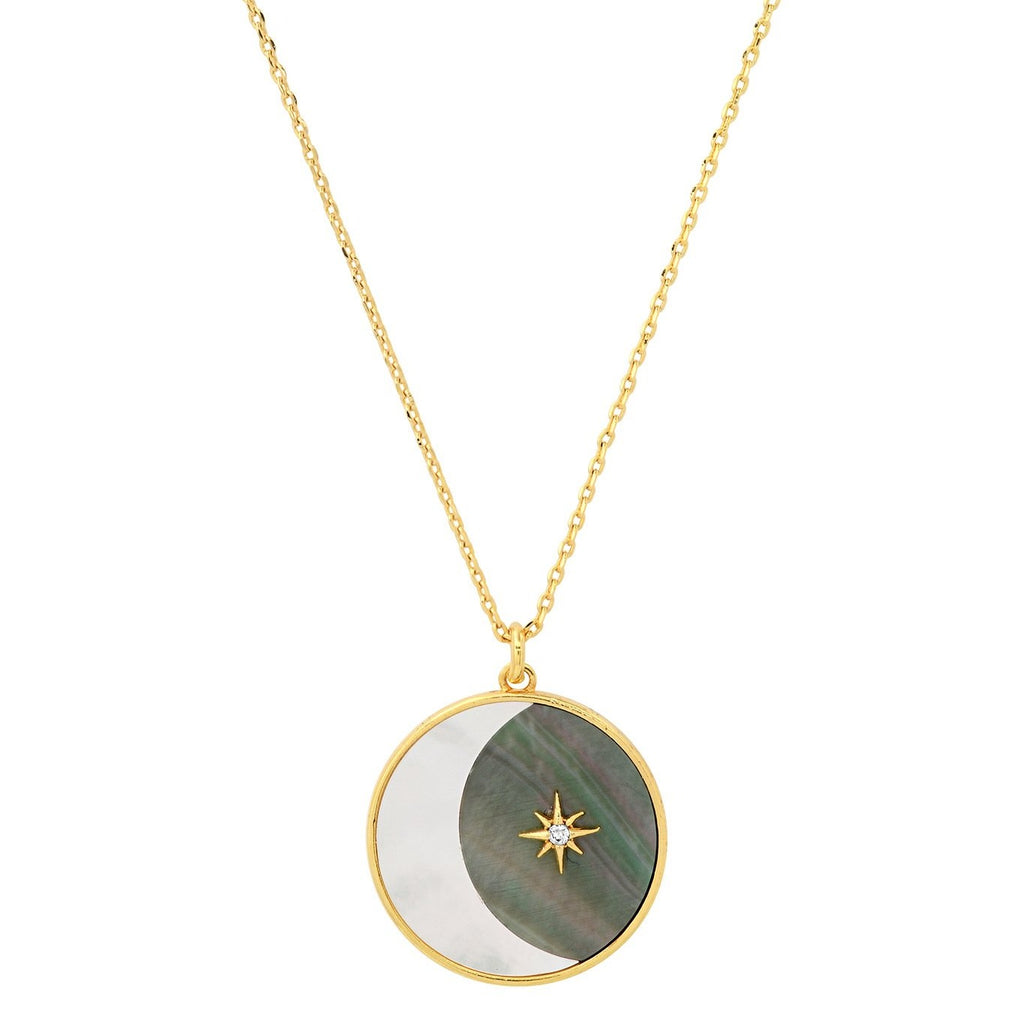 Stone pendent with crescent moon and star on a gold necklace chain