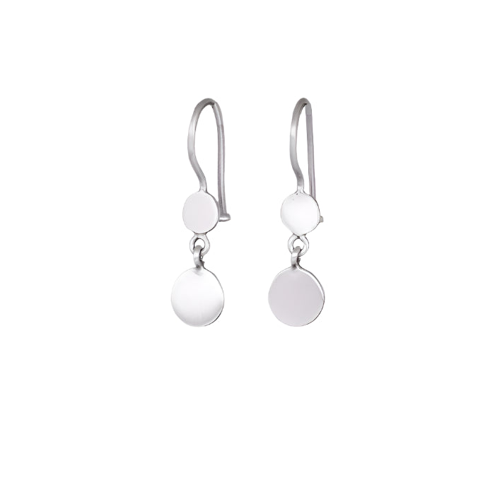 Tiny Double Disc Drop Earrings in Sterling Silver on light grey background