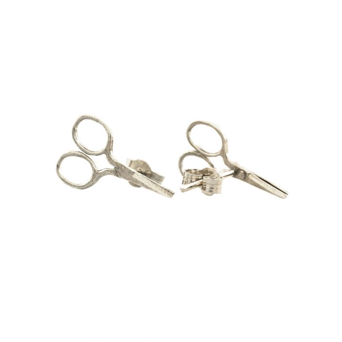 silver stud earrings shaped like tiny sewing scissors