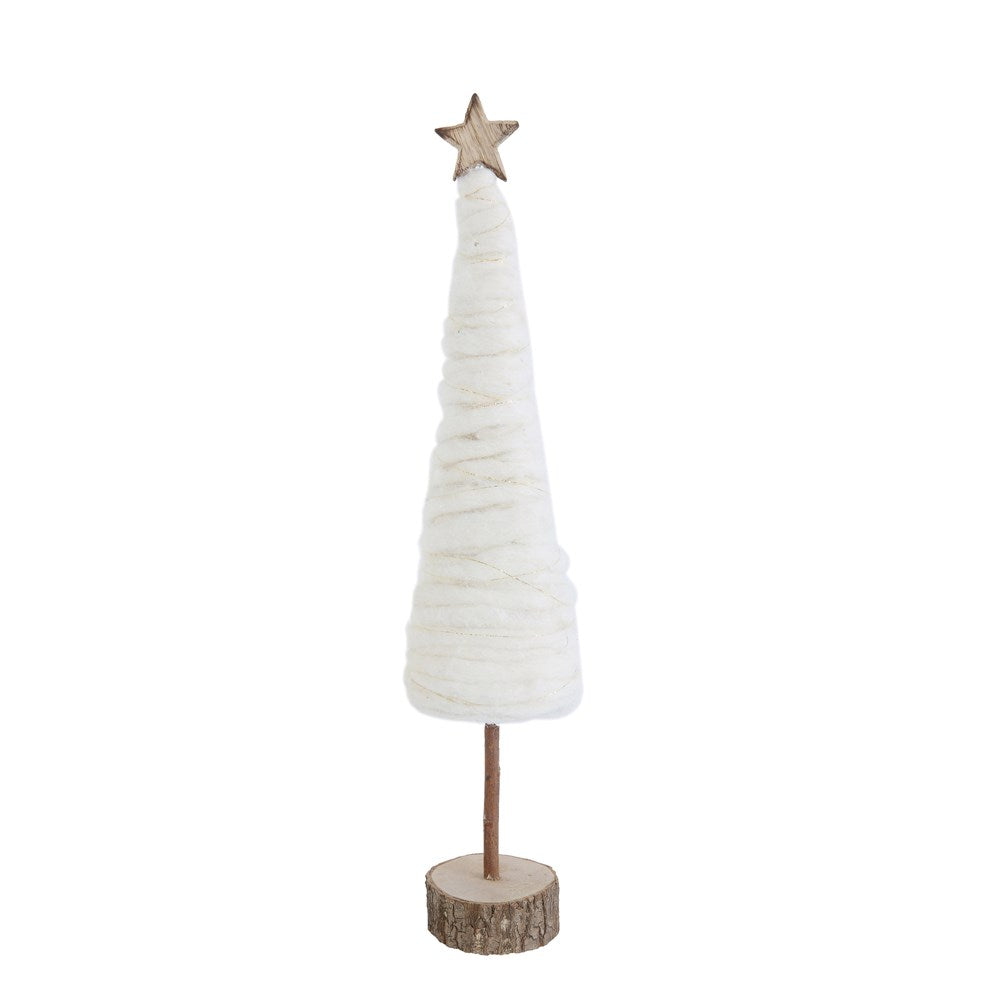 A cream-colored wool Christmas tree with a wood base and a wood star on top.